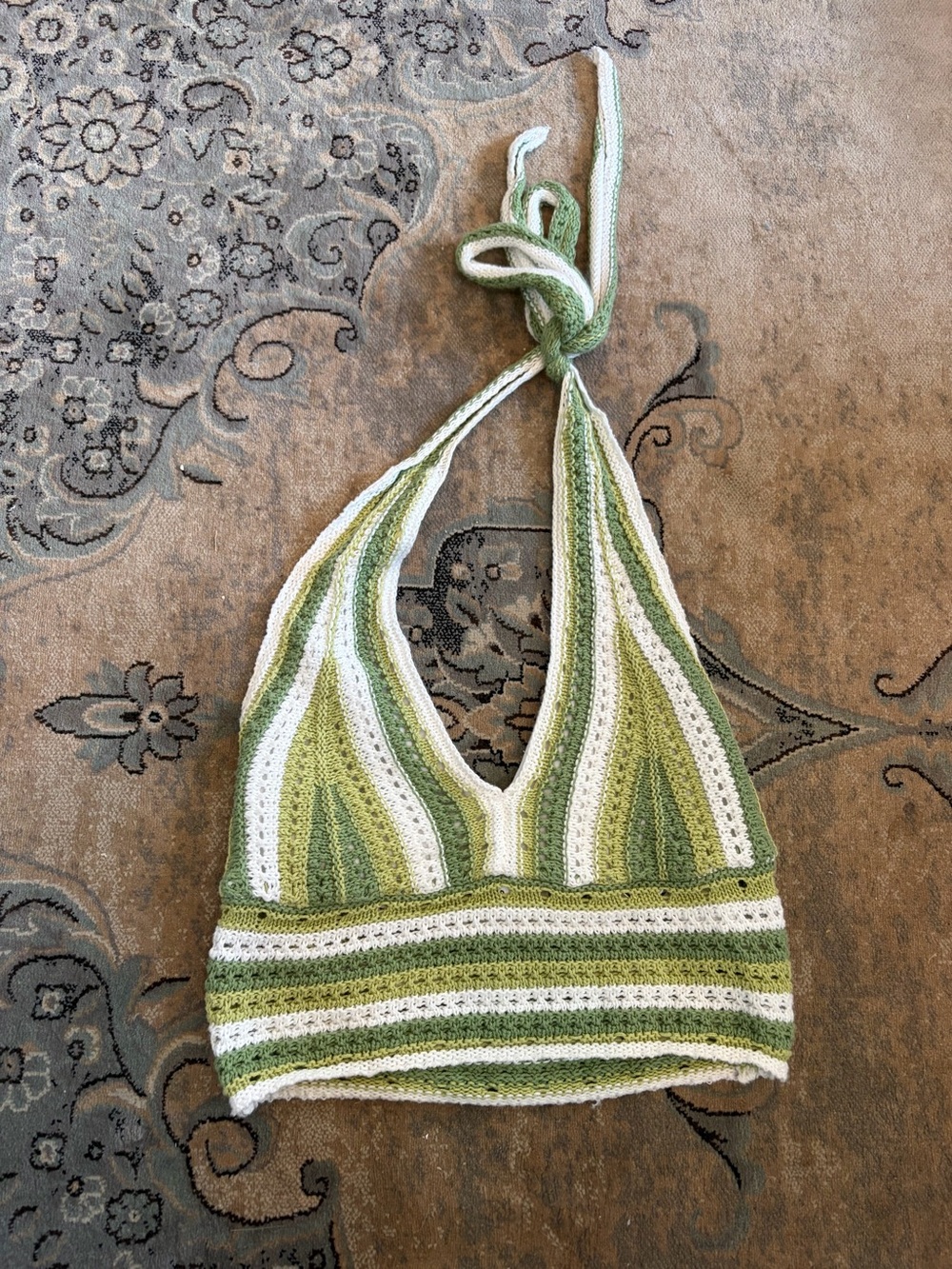 Hollister Green and White Crochet Halter Crop Top